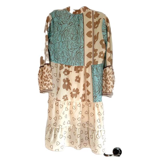 Tiered Knee-length Dress Size S Tan Blue Cream Ruffle Hem - Picture 2 of 5